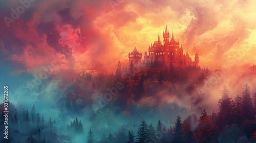 Mystical Castle at Sunset with Dramatic Sky Over Misty Pine Forest Fantasy Landscape