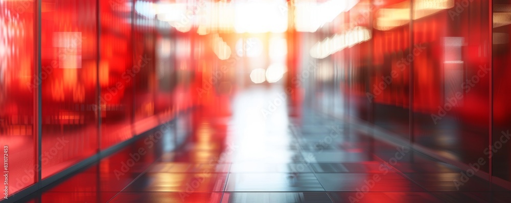 Fototapeta premium Modern office with glass walls and red accents, blurred background