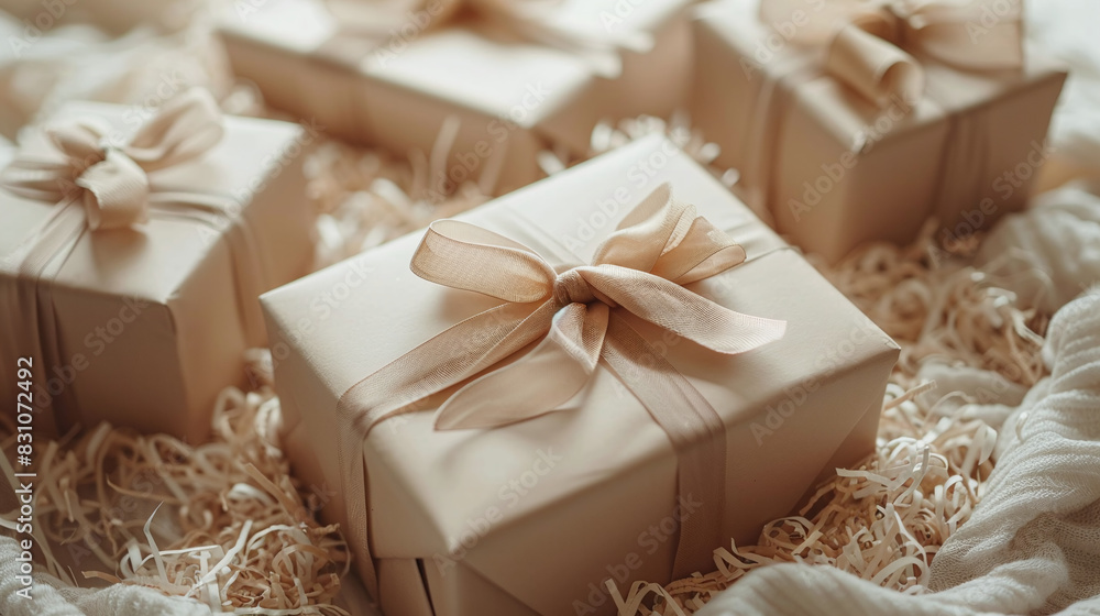 Elegant Cream Gift Boxes with Bows on Shredded Paper Bed Warm Light Celebration and Giving Elegant Cream Gift Boxes with Bows on Shredded Paper Bed Warm Light Celebration and Giving