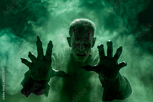 Frankenstein emerging from dark green mist. Frankenstein coming from darkness to scary you. Halloween design.