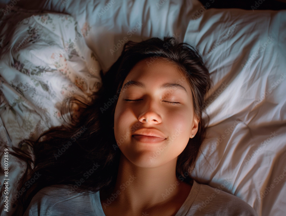 beautiful girl sleeps in the bedroom, smiling woman sleeping in her bed beautiful girl sleeps in the bedroom, smiling woman sleeping in her bed