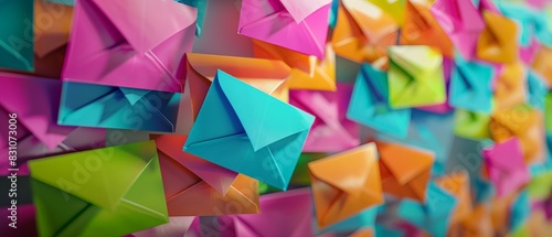 A lot of colorful origami folded paper envelopes.