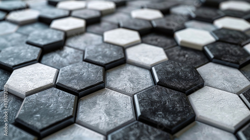 Modern Black and White Hexagonal Tile Pattern Textured Flooring Geometric Design
