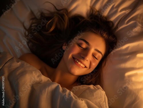 beautiful girl sleeps in the bedroom, smiling woman sleeping in her bed