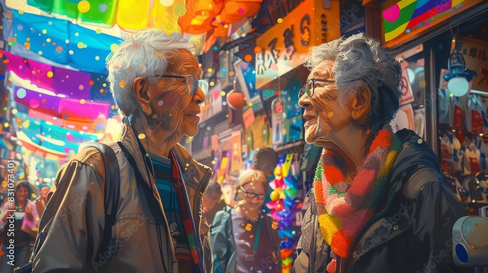 Elderly LGBTQ couple exploring a colorful art market filled with Pridethemed artwork, pop art style, bright colors, digital painting, high energy