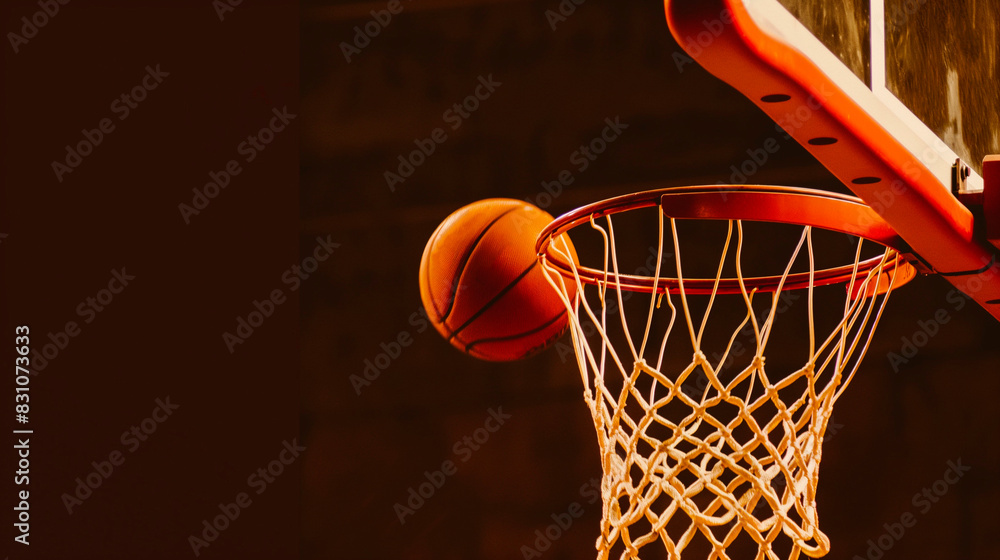 Detail of basketball ball hitting the basket. On dark background Detail of basketball ball hitting the basket. On dark background
