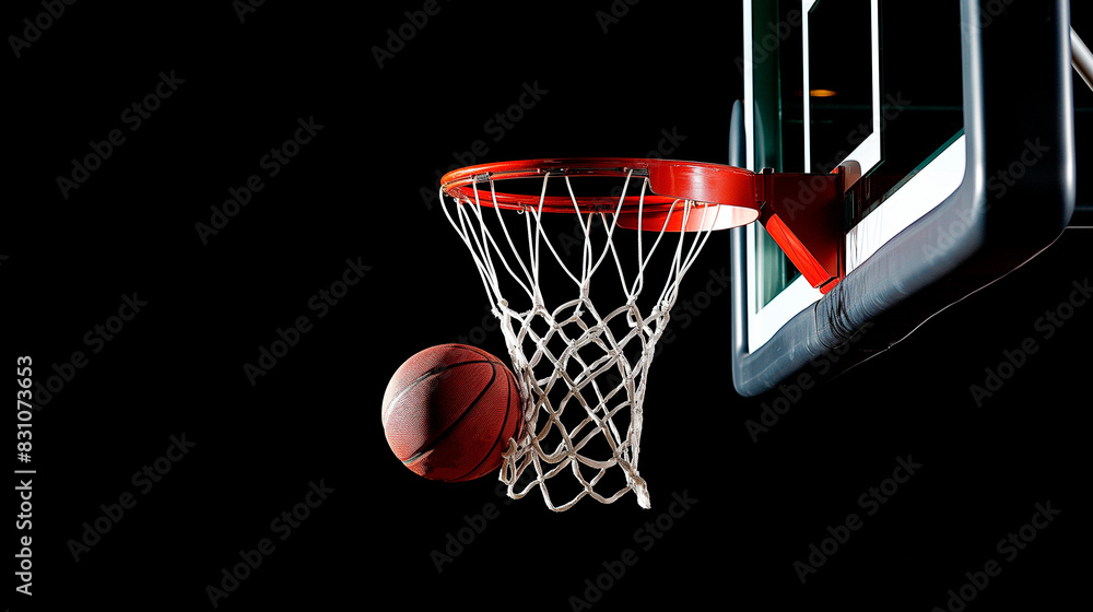 Detail of basketball ball hitting the basket. On dark background