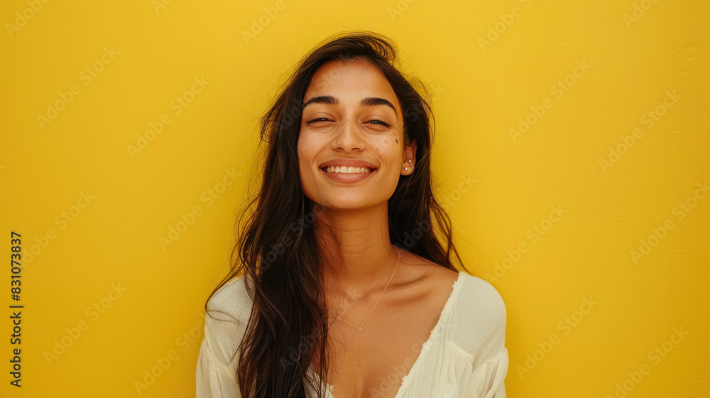 young indian woman similing on yellow background young indian woman similing on yellow background