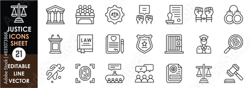 A set of line icons related to law and justice. Police, investigation, crime, politics, judge, forensic, peace, and so on. Vector outline icons set.