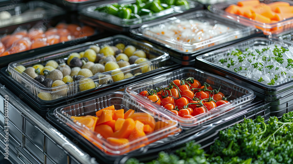 Colorful Display of Fresh Vegetables and Fruits in Plastic Containers on Grocery Store Shelves