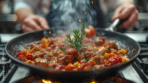 Chef Cooking Delicious Sizzling Meatballs with Vegetables in Pan with Steam in Professional Kitchen