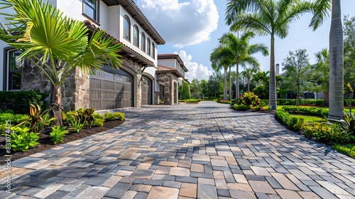 A photo of a perfectly tiled driveway in front of the house, in the paver style, with beautiful landscaping and greenery surrounding it.