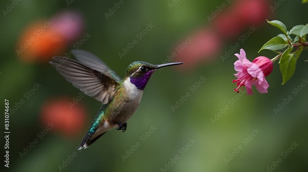 Naklejka premium Hummingbird in flight near a flower with wings spread, AI-generated.