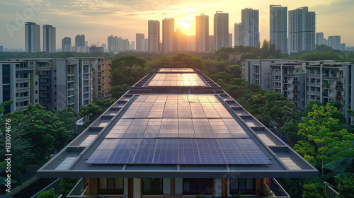 Modern Solar Panels on Rooftop in Urban Cityscape with Sunset and High-rise Buildings Background