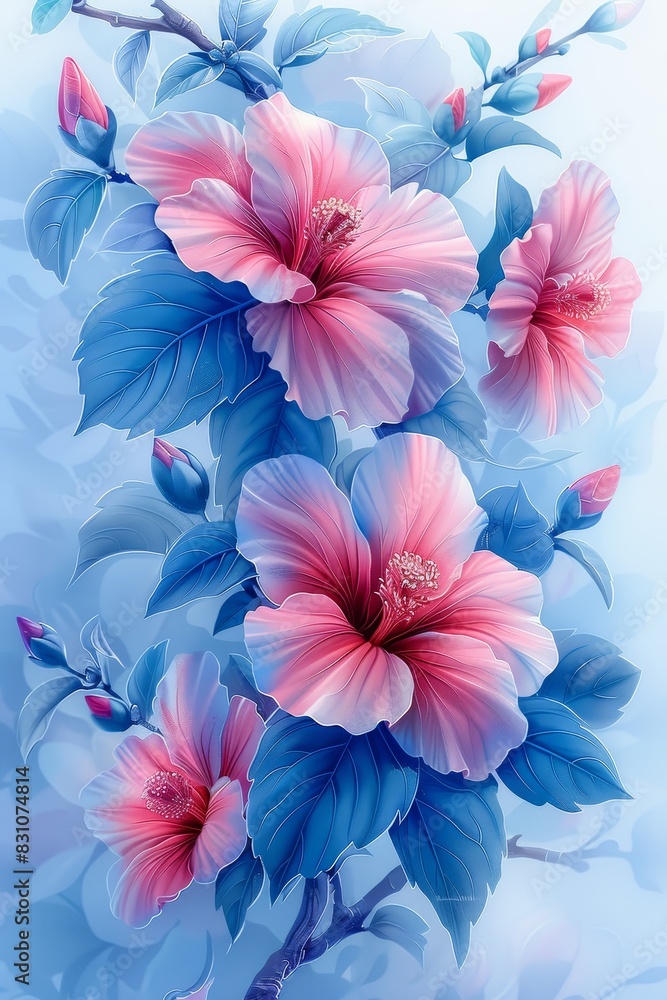 Pink and Blue Flowers on Blue Background Pink and Blue Flowers on Blue Background