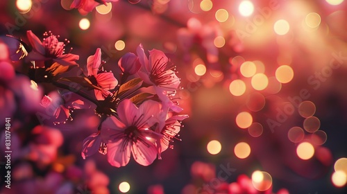 Close-up of beautiful pink cherry blossoms in full bloom against a glowing bokeh background, capturing the essence of springtime beauty and serenity. photo