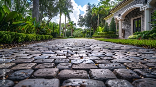 A photo of a perfectly tiled driveway in front of the house, in the paver style, with beautiful landscaping and greenery surrounding it. photo
