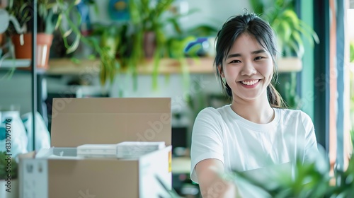 Eco friendly box in net zero store asian seller retail office shop ESG go green Small SME owner young adult woman asia people happy vendor smile looking at camera Supply chain digital  : Generative AI