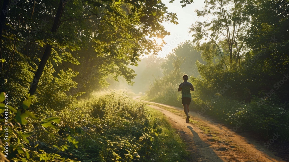 A fit person running on a scenic trail in the morning, with sunlight filtering through the trees and a peaceful natural background, emphasizing health and fitness in nature A fit person running on a scenic trail in the morning, with sunlight filtering through the trees and a peaceful natural background, emphasizing health and fitness in nature