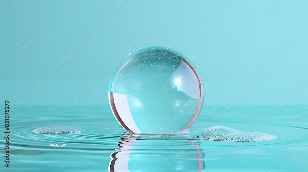 Crystal Clear Sphere Floating on Tranquil Turquoise Water Surface with Ripple Background Crystal Clear Sphere Floating on Tranquil Turquoise Water Surface with Ripple Background