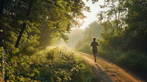  A fit person running on a scenic trail in the morning, with sunlight filtering through the trees and a peaceful natural background, emphasizing health and fitness in nature
