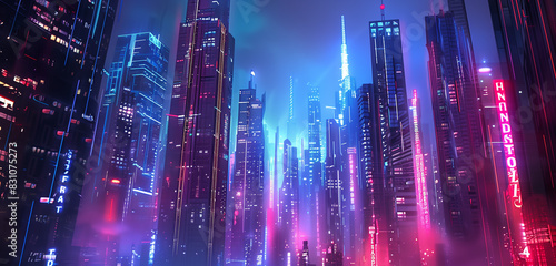 A panoramic shot of a futuristic urban skyline with towering, sleek skyscrapers bathed in a symphony of neon hues.