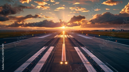 An airport runway lit by the evening sunset  ready for planes to land or take off