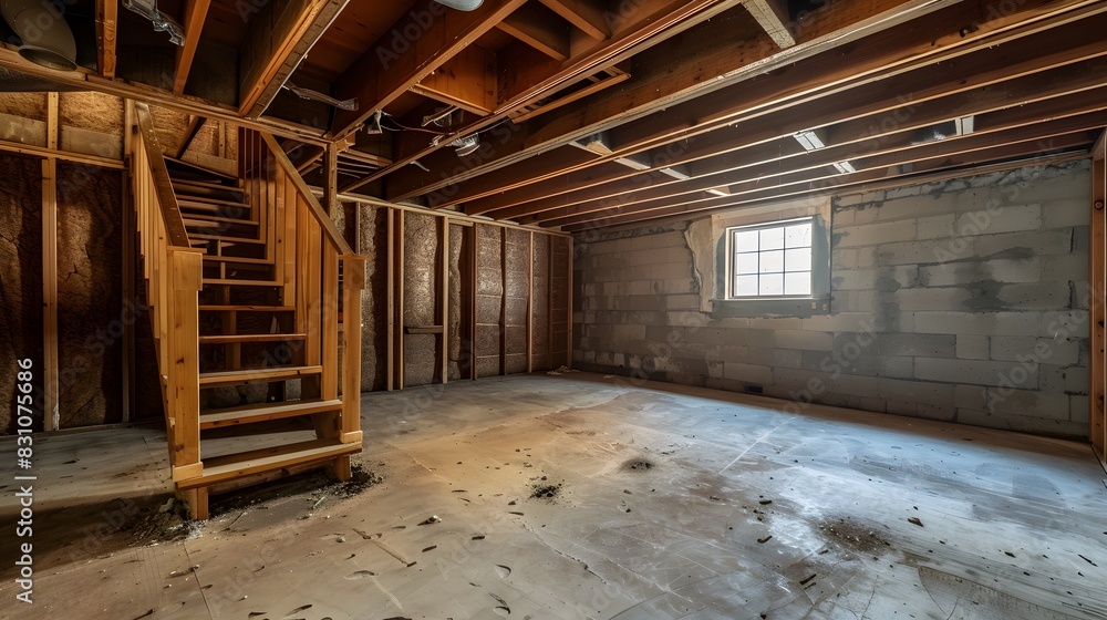 A photo of an unfinished basement with wooden frame walls and staircase, showing the rough construction process and potential for future development in home hunting. A photo of an unfinished basement with wooden frame walls and staircase, showing the rough construction process and potential for future development in home hunting.