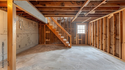 A photo of an unfinished basement with wooden frame walls and staircase, showing the rough construction process and potential for future development in home hunting.
