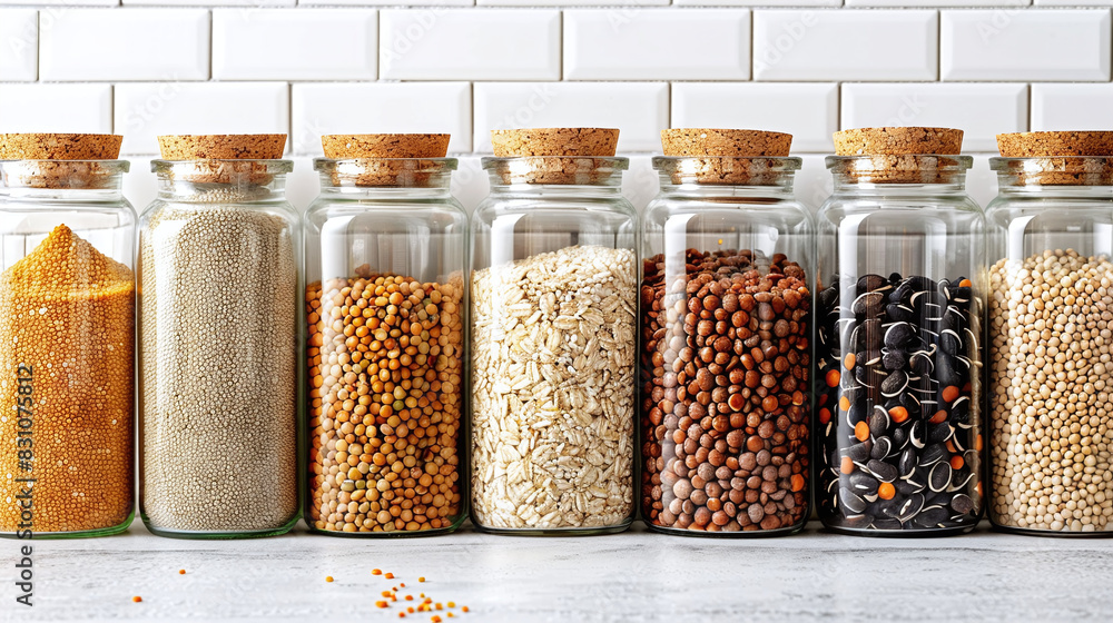 Glass Jars with Various Seeds Grains on White Kitchen Counter with Tile Background Glass Jars with Various Seeds Grains on White Kitchen Counter with Tile Background