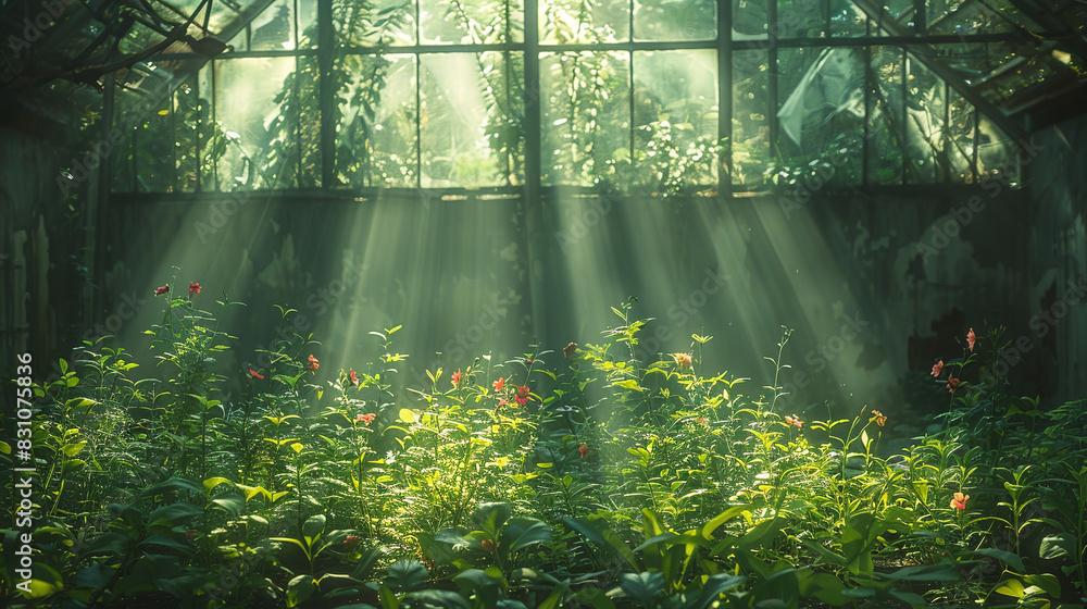 Obraz premium Sunlight Streaming Through Old Greenhouse onto Lush Green Plants with Red Flowers