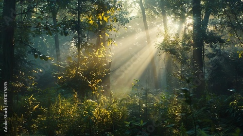 enchanting forest clearing with sunbeams filtering through dense foliage