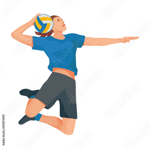 Figure of a high-jumping women's volleyball girl player in profile in a blue T-shirt who aims and throws the ball forward