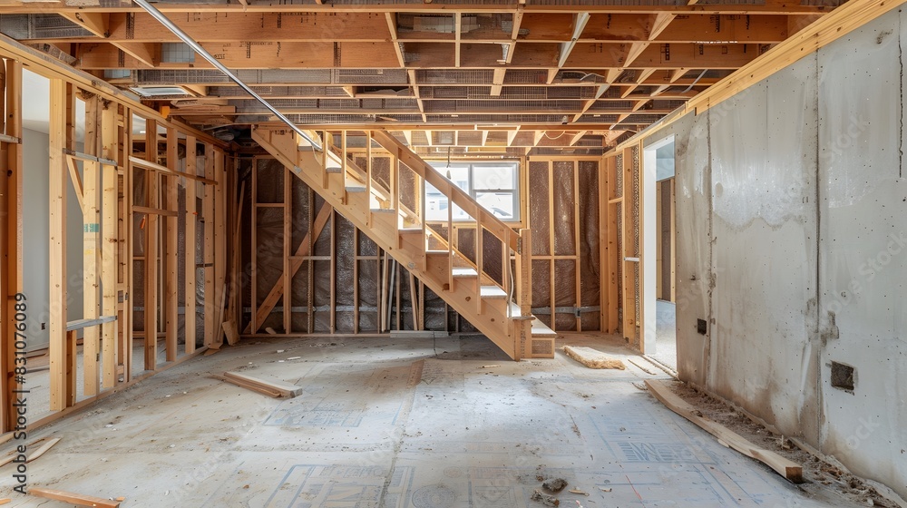 A photo of an unfinished basement with wooden frame walls and staircase, showing the rough construction process and potential for future development in home hunting. A photo of an unfinished basement with wooden frame walls and staircase, showing the rough construction process and potential for future development in home hunting.