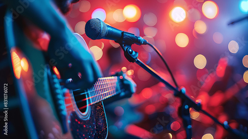 Acoustic Guitar Performance in Vibrant Stage Lights with Bokeh Background in Red and Blue photo