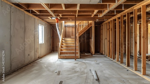 A photo of an unfinished basement with wooden frame walls and staircase, showing the rough construction process and potential for future development in home hunting.
