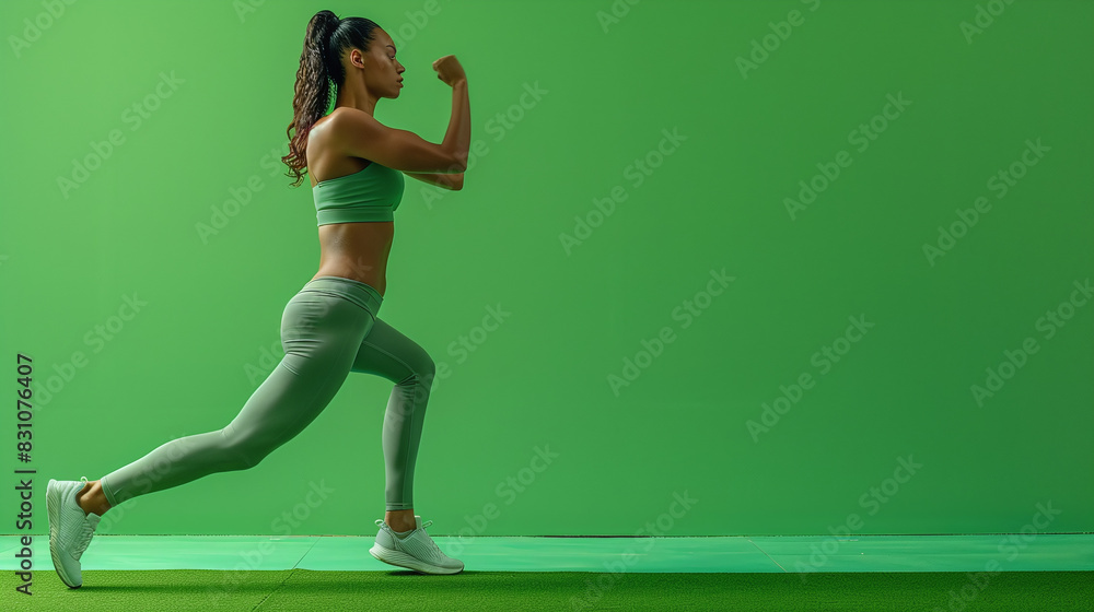 Fit Athletic Woman Stretching in Green Sportswear on Vibrant Green Background Indoor Fitness