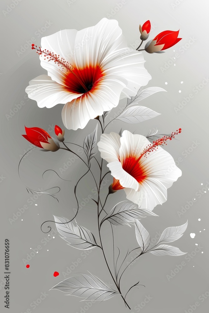 Obraz premium Two White Flowers With Red Centers on a Gray Background