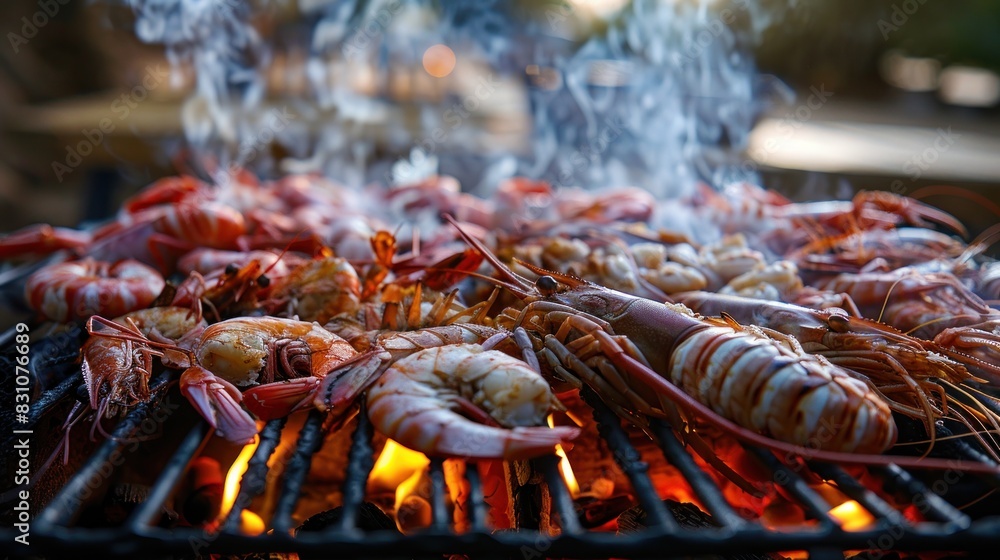View of a barbecue grill with shrimp, squid, and crab over an open fire. View of a barbecue grill with shrimp, squid, and crab over an open fire.