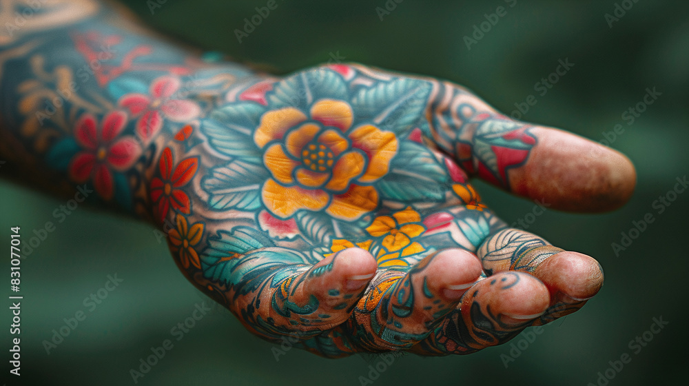 Tattooed Hand with Vibrant Floral Designs and Green Background Art and Self-Expression