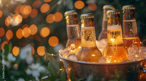 A beer bottles in an ice bucket, with the focus on their frosted surfaces and sparkling glass bodies. Creating a cheerful atmosphere for a refreshing drink moment. photo