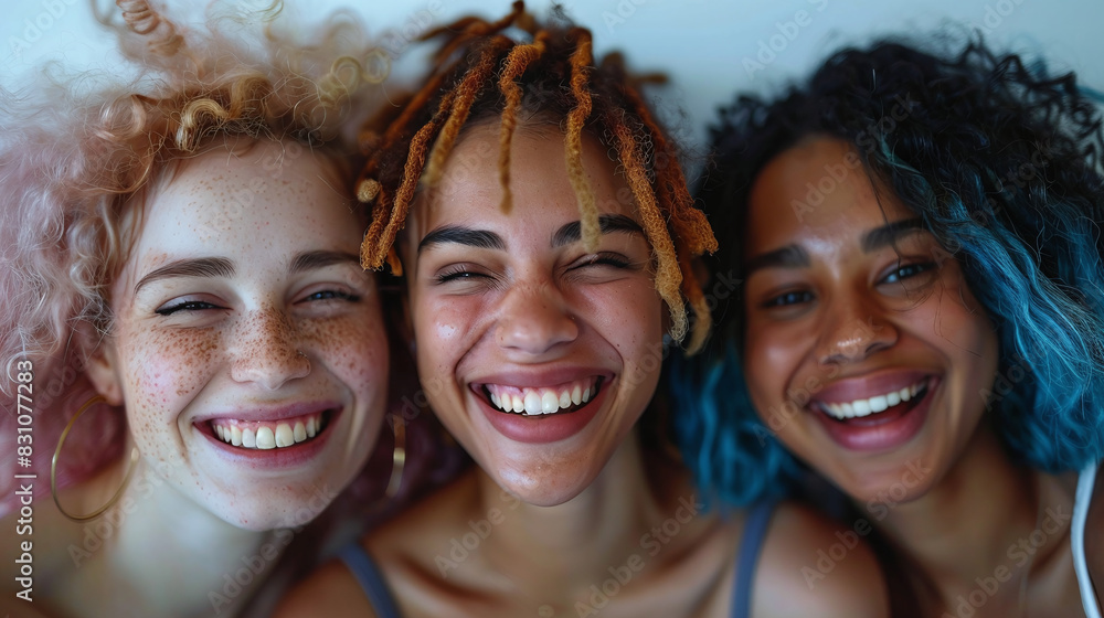 Three Smiling Women with Diverse Hairstyles and Skin Tones in Close-Up Portrait on White Background