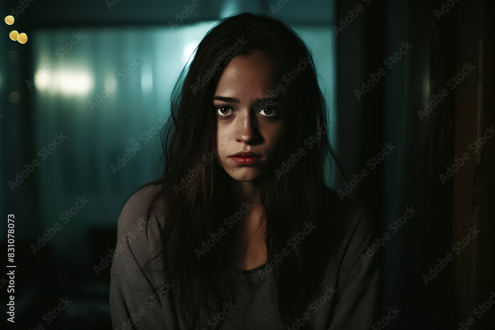 A woman with long hair is crying in a dark room. Scene is sad and melancholic A woman with long hair is crying in a dark room. Scene is sad and melancholic