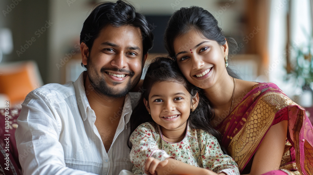 Fototapeta premium happy indian family sitting together at home