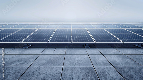 A panoramic view of a solar panel farm set against a solid slate gray background, the rows of panels aligned to maximize exposure to the sun's rays . photo