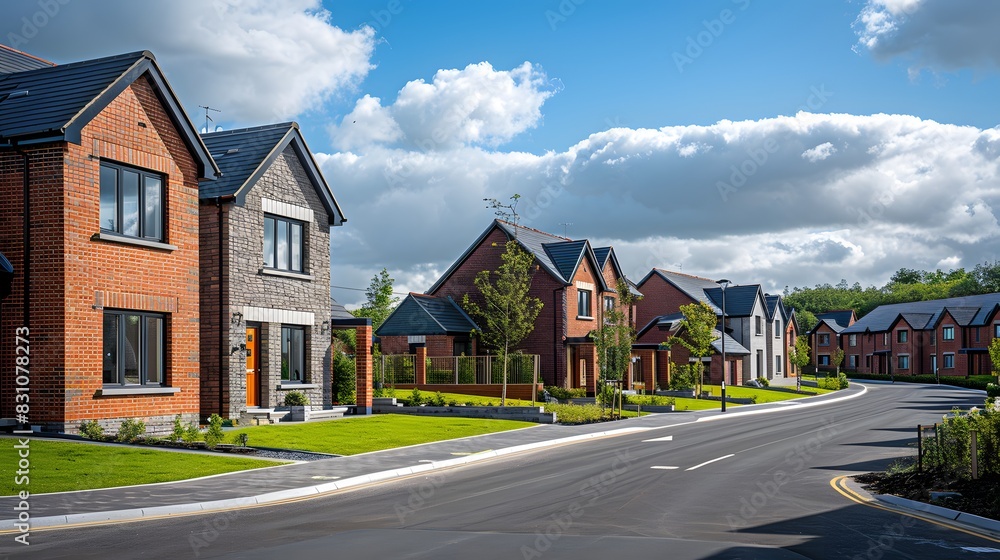 Naklejka premium A photo of contemporary red brick houses in an Irish suburban setting with green lawns and blue skies.