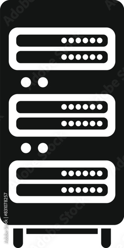 Vector illustration of server rack icon in black and white color, isolated on white background. Perfect for technology, data center, computer, network, and hardware concepts