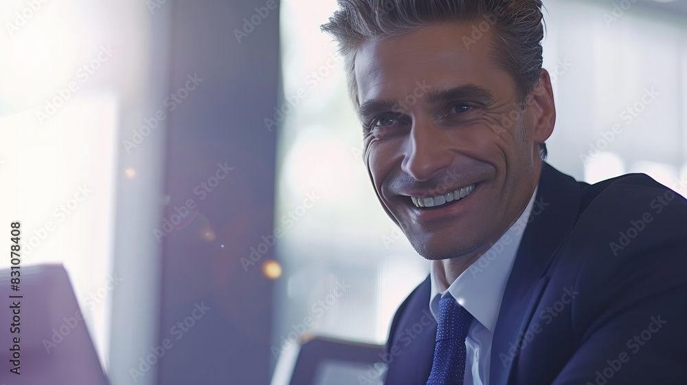 Business man smiling at the camera while sitting in a boardroom during a meeting Happy business professional sitting in a presentation with a laptop : Generative AI Business man smiling at the camera while sitting in a boardroom during a meeting Happy business professional sitting in a presentation with a laptop : Generative AI