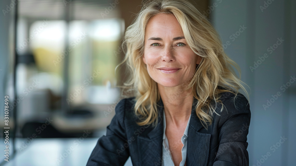Confident Blonde Businesswoman Smiling in Modern Office Setting in Daylight Portrait Confident Blonde Businesswoman Smiling in Modern Office Setting in Daylight Portrait