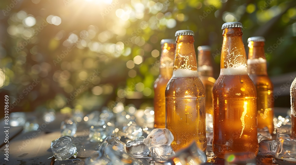 A photo of various beer bottles with ice cubes, placed on an outdoor table in the sun. The background is blurred greenery and sky, creating a relaxed atmosphere. A photo of various beer bottles with ice cubes, placed on an outdoor table in the sun. The background is blurred greenery and sky, creating a relaxed atmosphere.